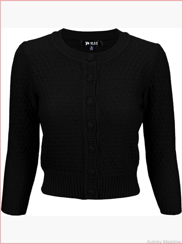 Cropped Cardigan Sweater - 3/4 Sleeve Crewneck Button Down Soft Crochet Knit Top